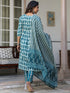 Teal Blue Pure Cotton Abstract A-line Kurta Set
